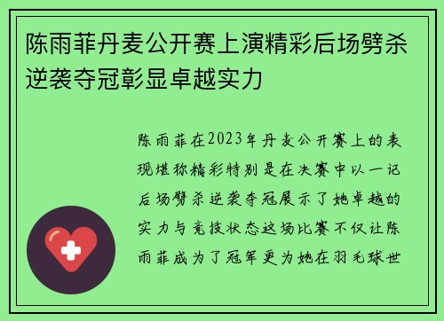 陈雨菲丹麦公开赛上演精彩后场劈杀逆袭夺冠彰显卓越实力
